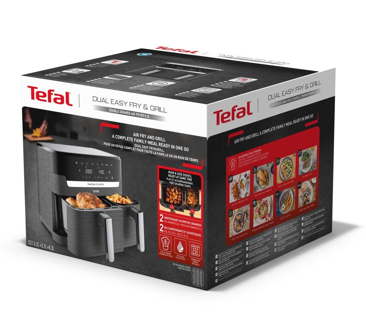 Freidora De Aire Caliente Doble Tefal Dual Easy Fry & Grill Negra, 2.700 Vatios, 2 Cestos 5,2 Litros + 3,1 Litros Ey905b