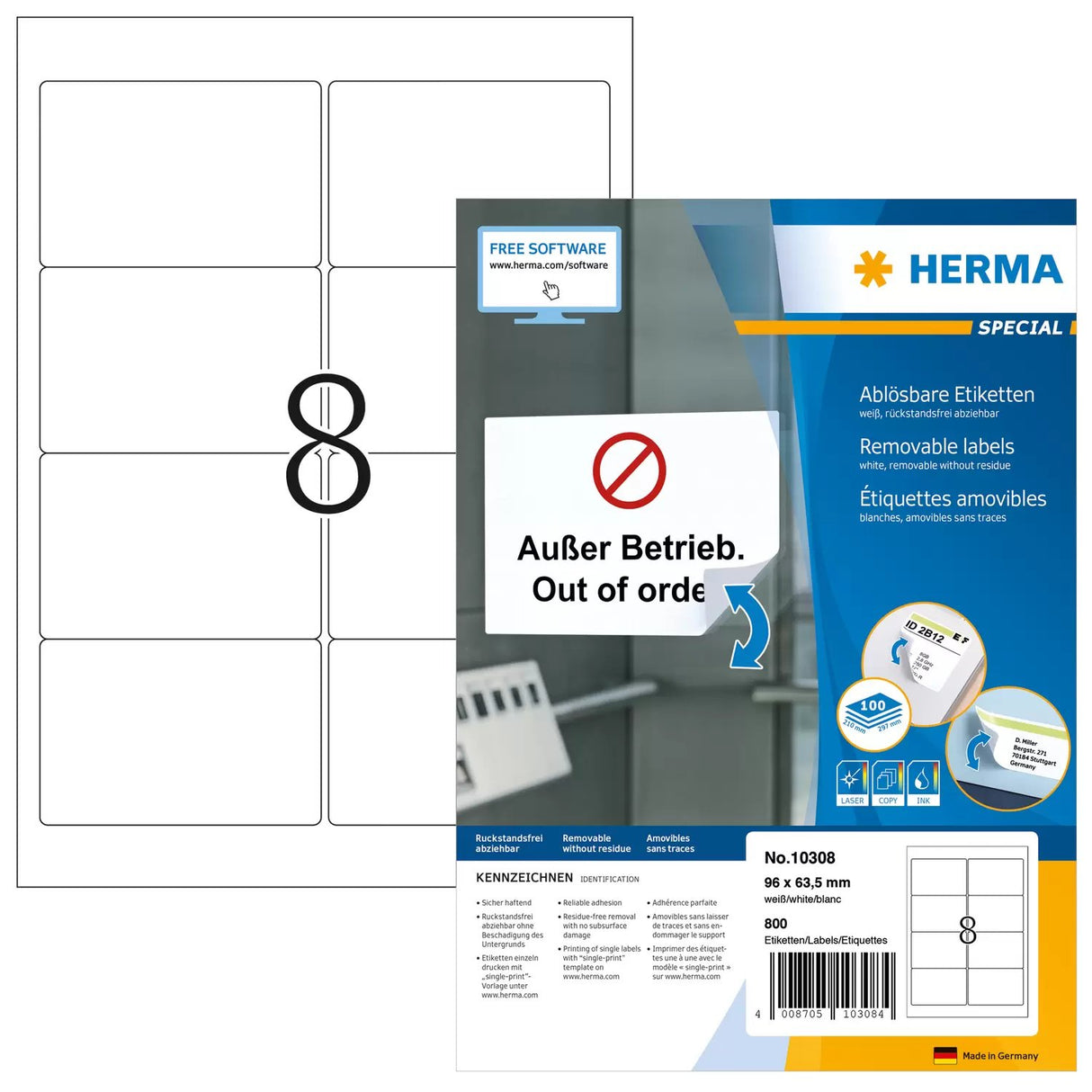 EAN 4008705103084 - HERMA 10308 etiqueta autoadhesiva Rectángulo redondeado Desmontable Blanco 800 pieza(s) imagen 1