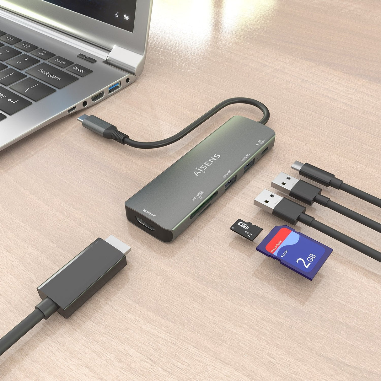 Aisens Usb-C Dock 6 En 1, Usb-C A 1xhdmi, 2xusb-A, 1xusb-C Pd 100w, 1xsd, 1xmicro Sd, Gris, 15cm