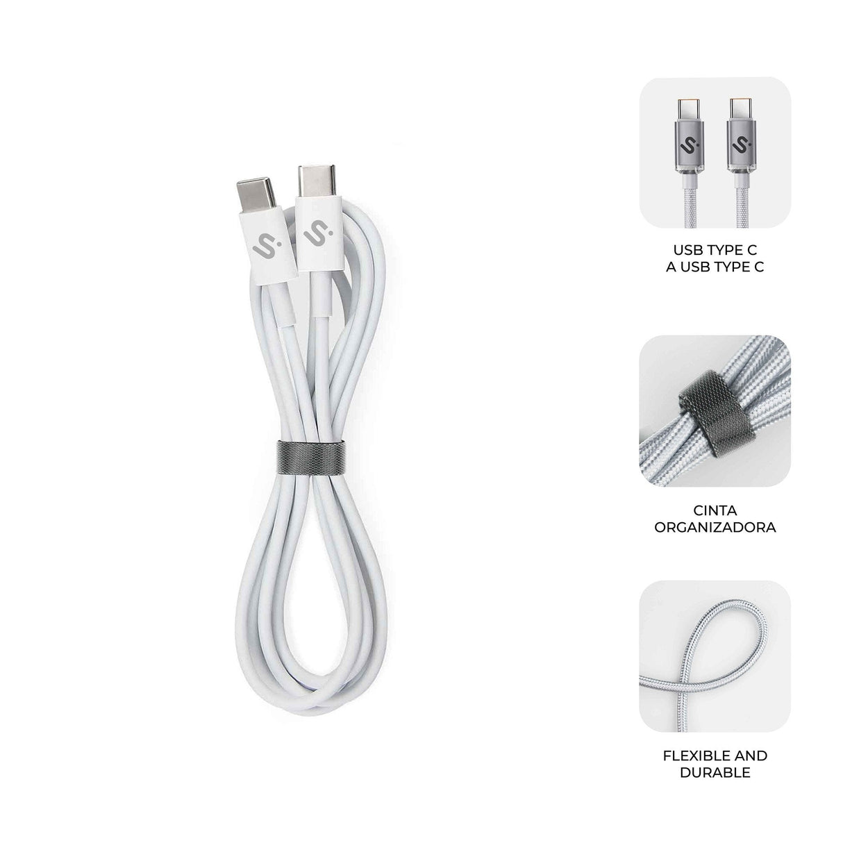 Cable Plus 100w Usb-C/Usb-C 2 M Blanco Subblim 100w/ Longitud: 2m/ Usb-C &Harr; Usb-C/ Pd 3.0 Y Qc 3.0