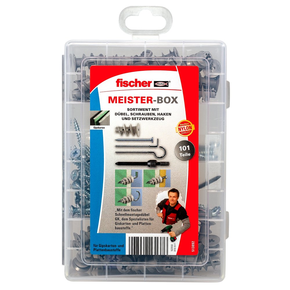 Fischer Meister-Box Gk + Tornillos + Ganchos, Tacos (Gris Claro, 100 Piezas, Con Herramienta De Ajuste) 513892