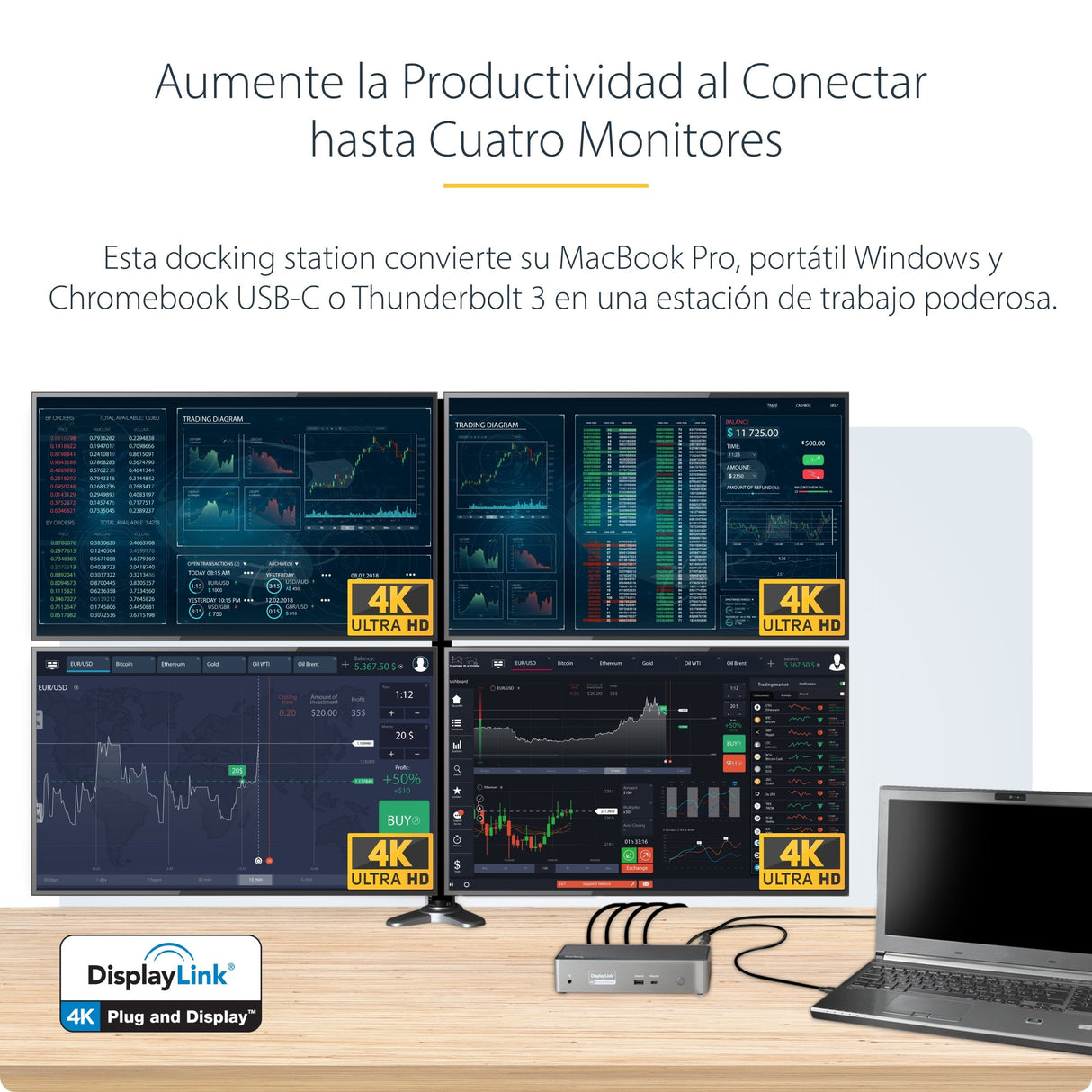Startech Mini Docking Station Usb-C - Replicador De Puertos Para 4 Monitores Displayport Y Hdmi 4k 60hz - Con Pd De 100w