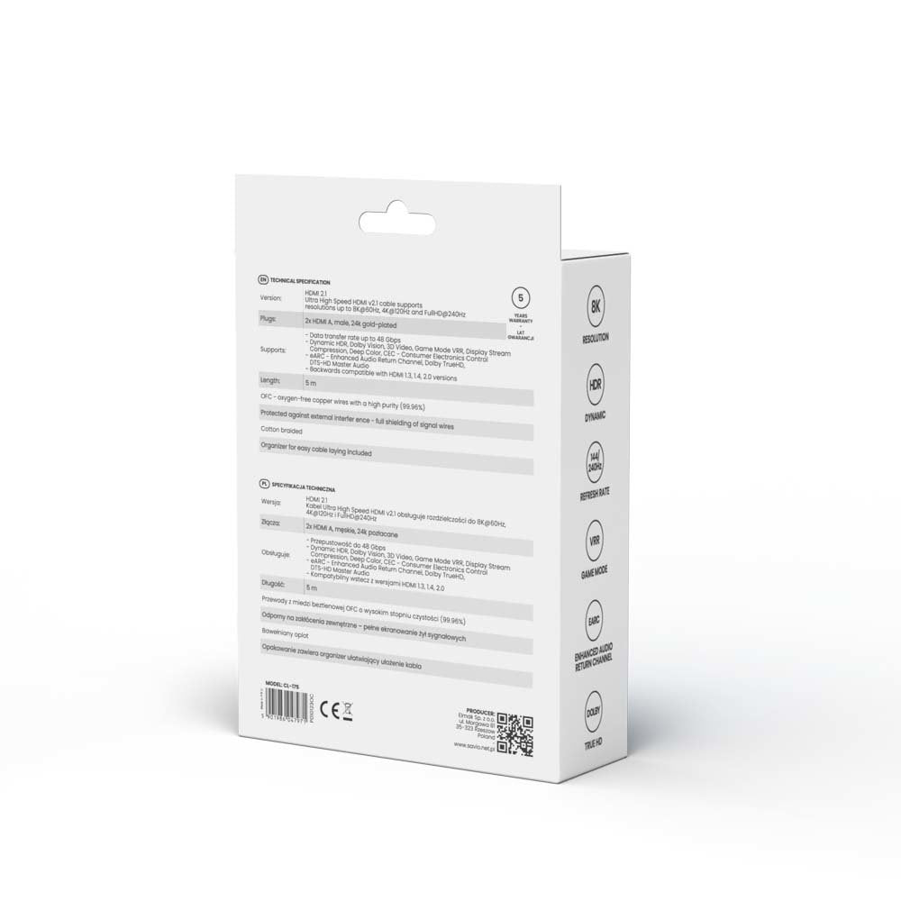 EAN 5901986047971 - Savio HDMI (M) v2.1 cable angled 8K HDR Dynamic OFC copper 5m CL-175 cable HDMI 3 m HDMI tipo A (Estándar imagen 4