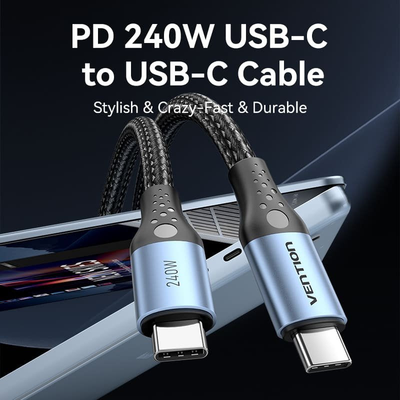 Cable Usb 2.0 Tipo-C 5a Vention Trebd Usb Tipo-C Macho Usb Tipo-C Macho Hasta 240w 480mbps 50cm Azul Y Negro