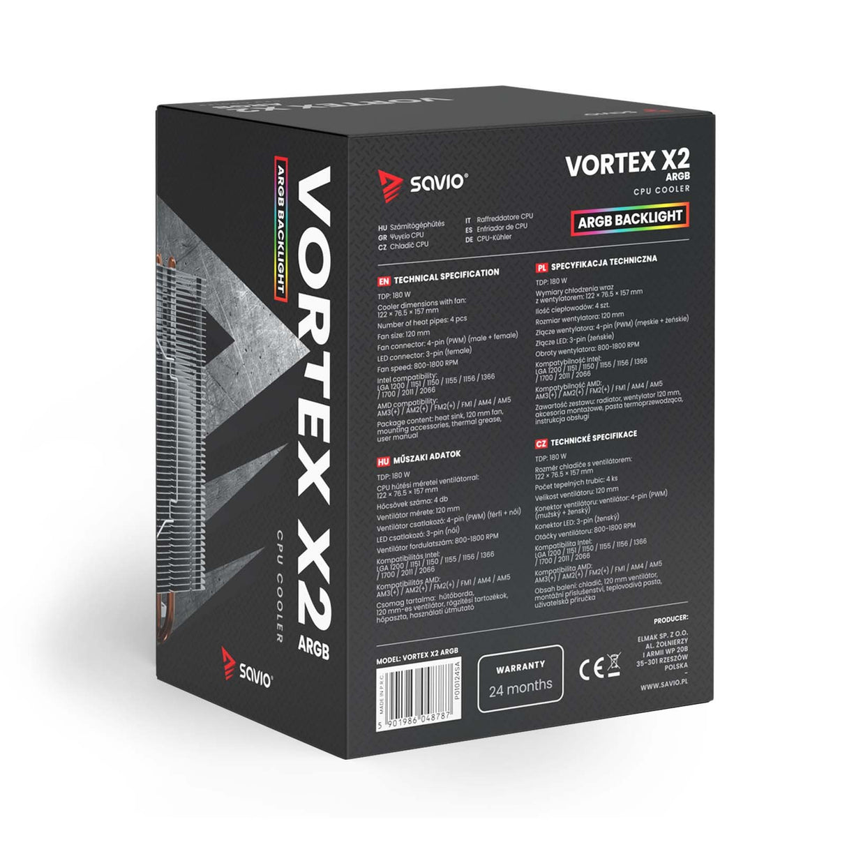 EAN 5901986048787 - Savio SAVGCOVORTEXX2ARGB sistema de refrigeración para ordenador Conjunto de chips Refrigerador de aire 1 imagen 13