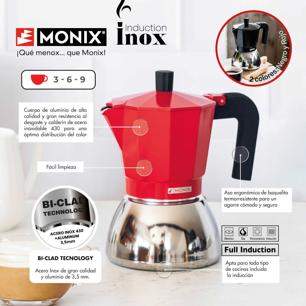 Cafetera Italiana Monix Induction Inox M863106 6 Tazas Roja