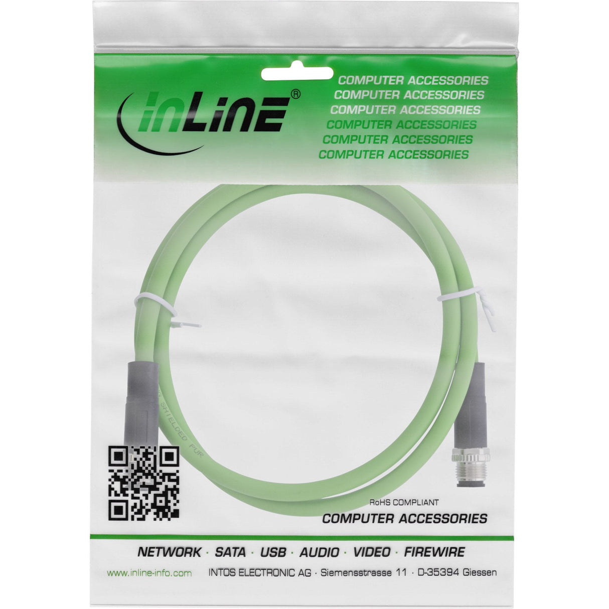 Inline® Industrial Network Cable, M12 4-Pin D-Coded Male/Male, Pur 3m