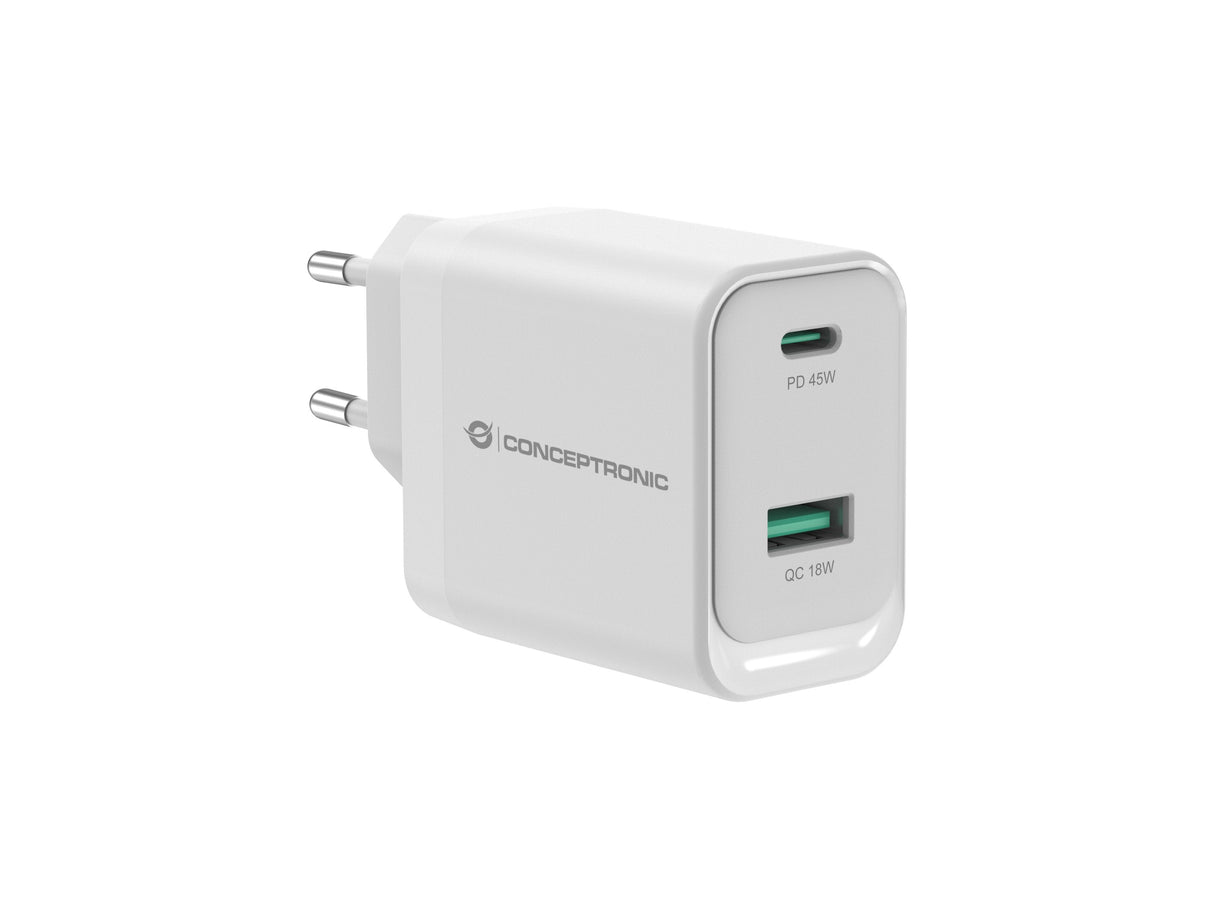 Cargador De Pared Quick Charge 3.0 Pd  Pps 1 Puerto Usb-C 1 Puerto Usb-A Conceptronic Althea 45w