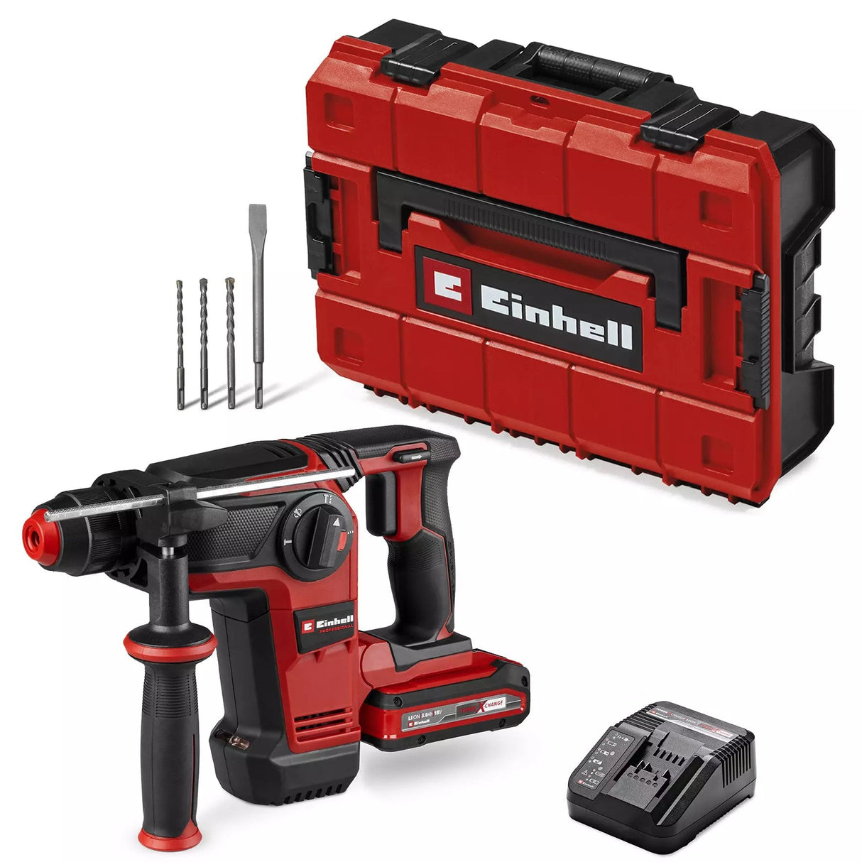 Taladro Einhell Percutor Inalámbrico Profesional Tp-Hd 18/28 Li Bl+4, 18 Voltios Rojo/Negro, Batería De Iones De Litio 3,0 Ah, Juego De Accesorios De 4 Piezas, Estuche Electrónico S 4514274