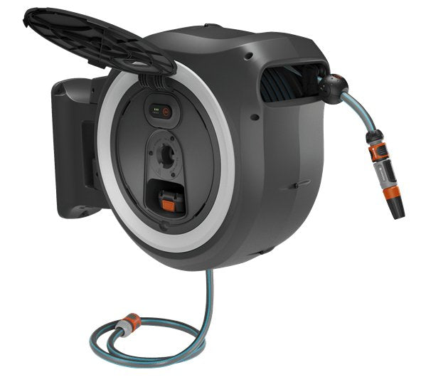 Caja Portamangueras De Pared A Batería Gardena Powerroll Xxl 18v P4a, 40 Metros, Enrollador De Manguera Gris/Blanco, Batería Li-Ion 2,5ah, Power For All Alliance 18647-20