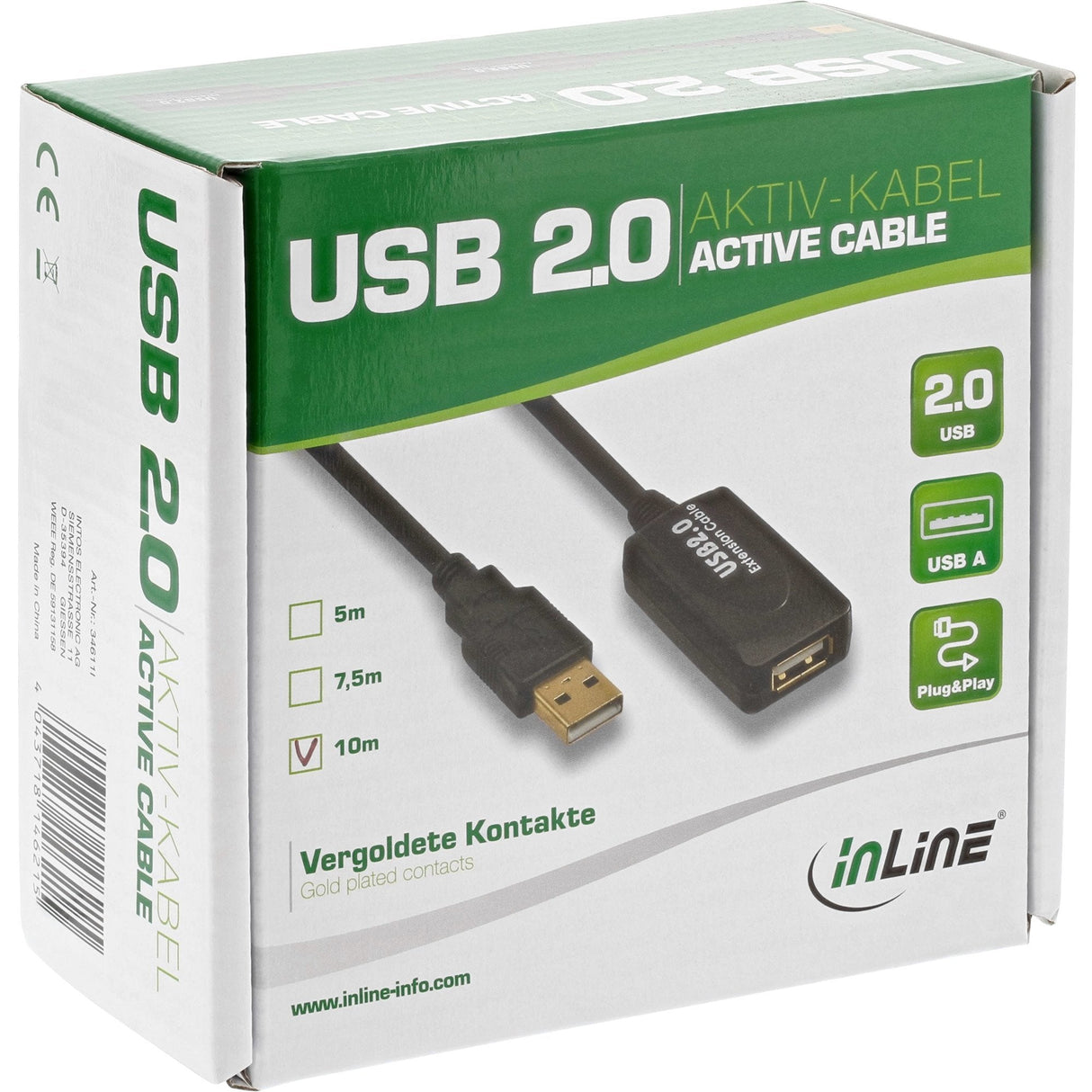 Inline Usb 2.0 Extensión Activa Repetidor Usb A Macho A A Hembra 15m