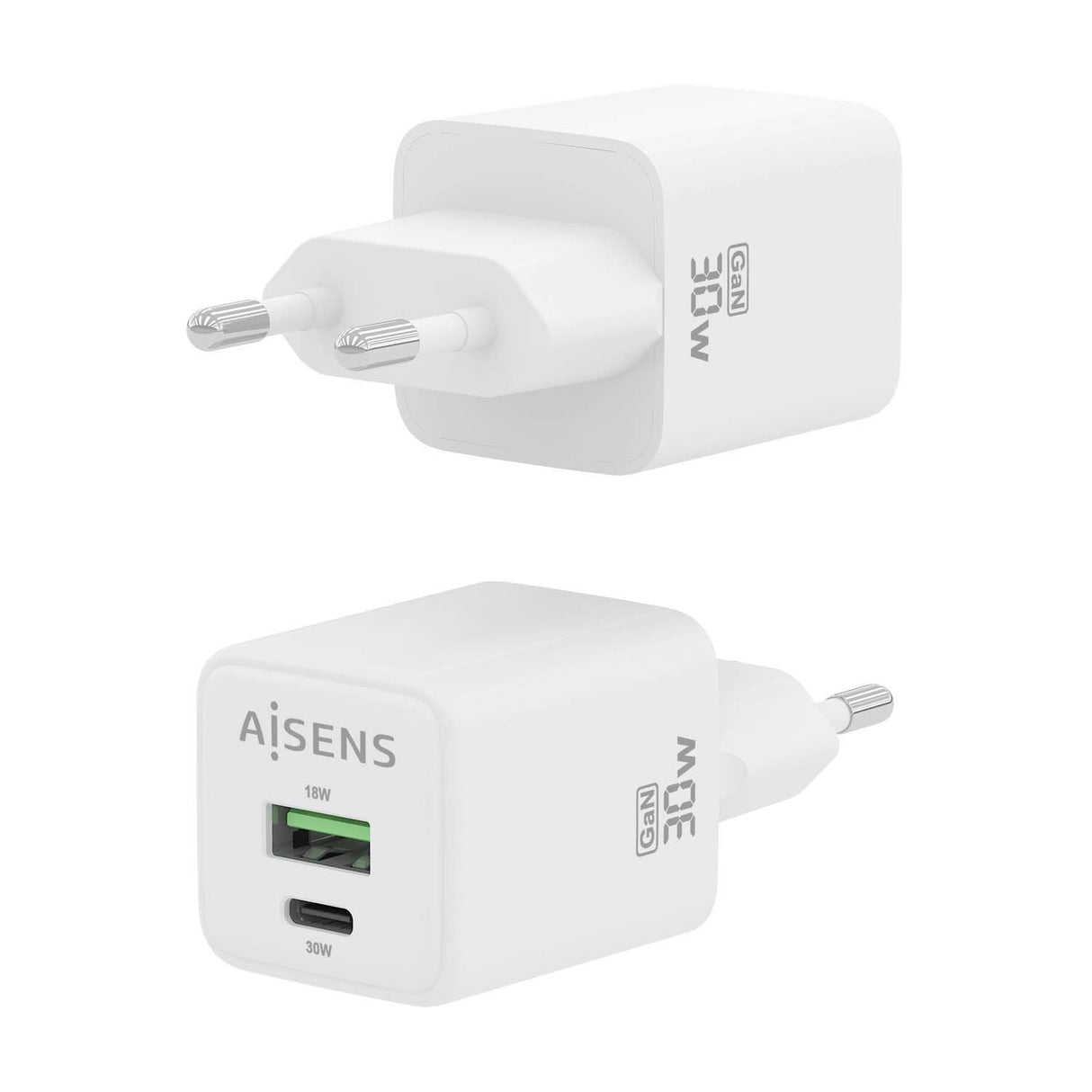 Aisens Cargador Gan 30w, 1xusb-C Pd3.0 Qc4.0, 1xusb-A Qc3.0, Blanco