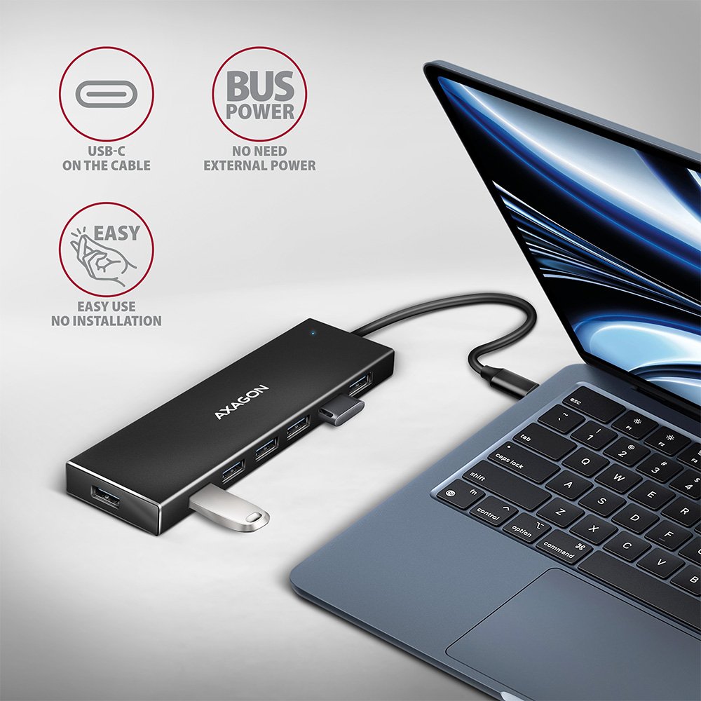 Axagon Hue-F7a 7x Usb 3.2 Gen 1 Aluminium Flat Hub, 30 Cm Usb-C-Cable