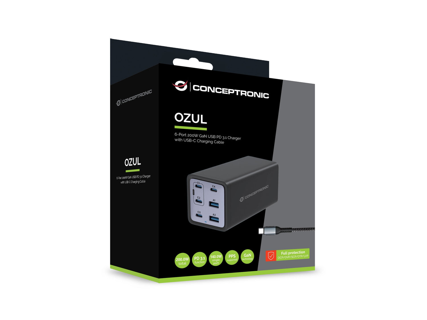 Conceptronic Cargador 4port 200w,4xusb-C,2xusb-A +3-In-1 Sw