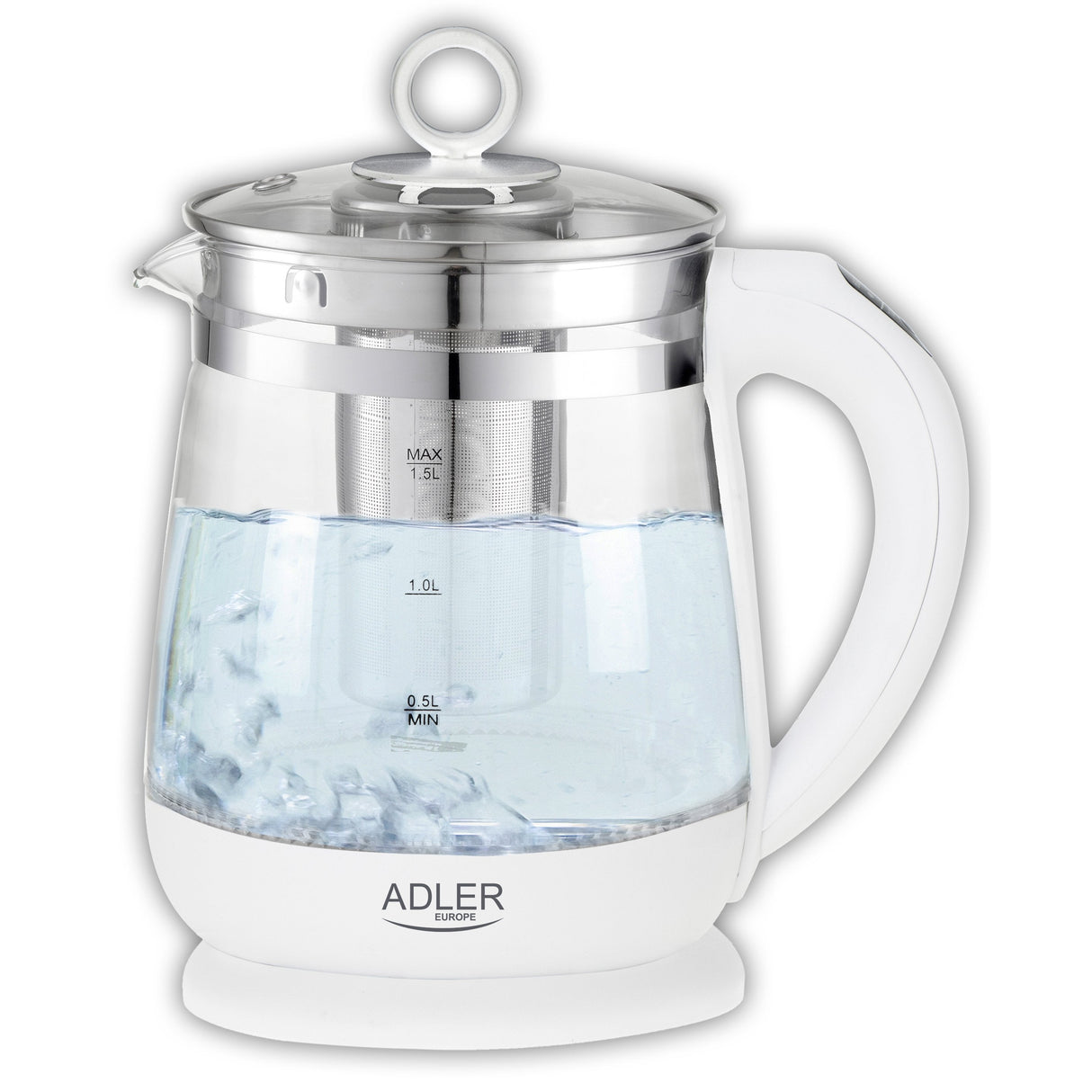 Adler Kettle Ad 1299 Elã©Ctrico, 2200 W, 1,5 L, Vidrio/Acero Inoxidable, Base Giratoria De 360â°, Blanco