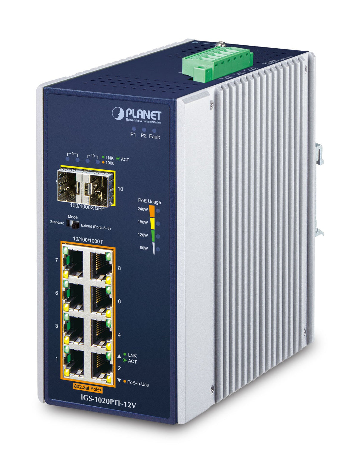 Planet Ip30 Ind 8-P 10/100/1000t No Administrado Gigabit Ethernet (10/100/1000) Energía Sobre Ethernet (Poe) Azul, Blanco