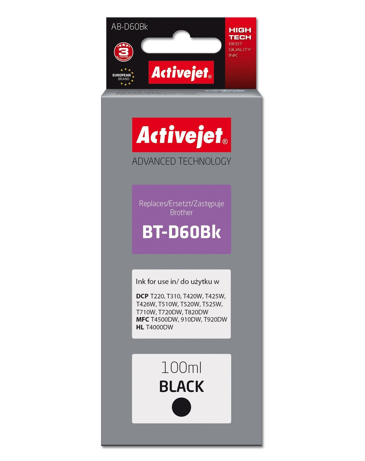 Activejet Tinta Ab-D60bk (Repuesto Brother Bt-D60bk Supreme 100 Ml Negro)