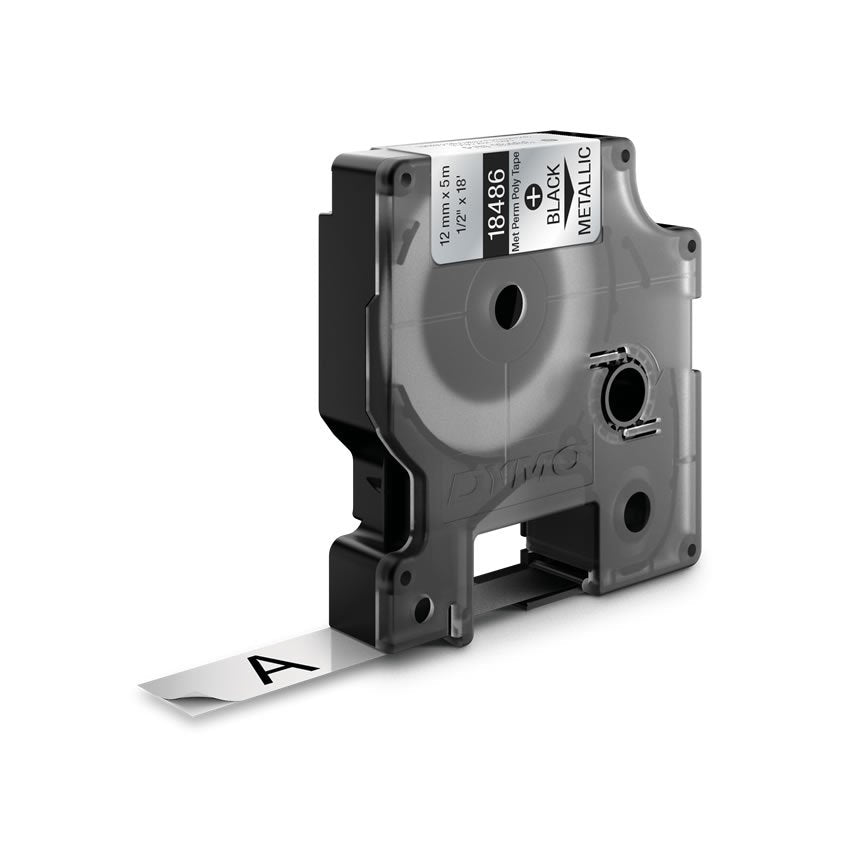 Dymo Rhino Cinta De Etiquetas Industrial Adhesiva Id1-12, Negro Sobre Plateado De 12mmx5´5m, Poliester (S0718180)