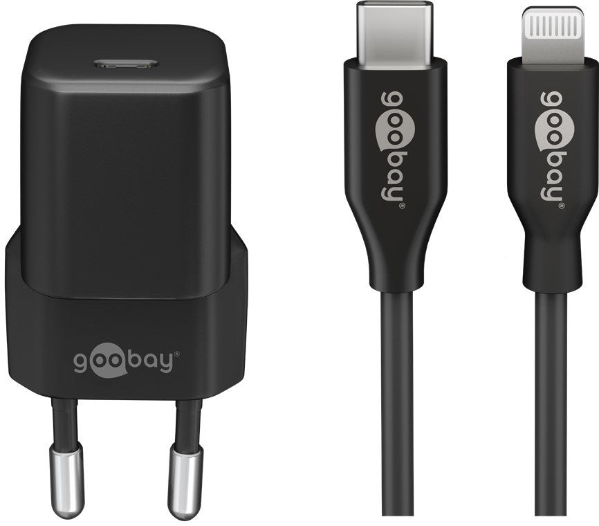 Goobay Apple Lightning / Usb-C Pd Set De Carga Nano 20 Vatios, Cargador Negro, Cable De 1 Metro, Pd 61083