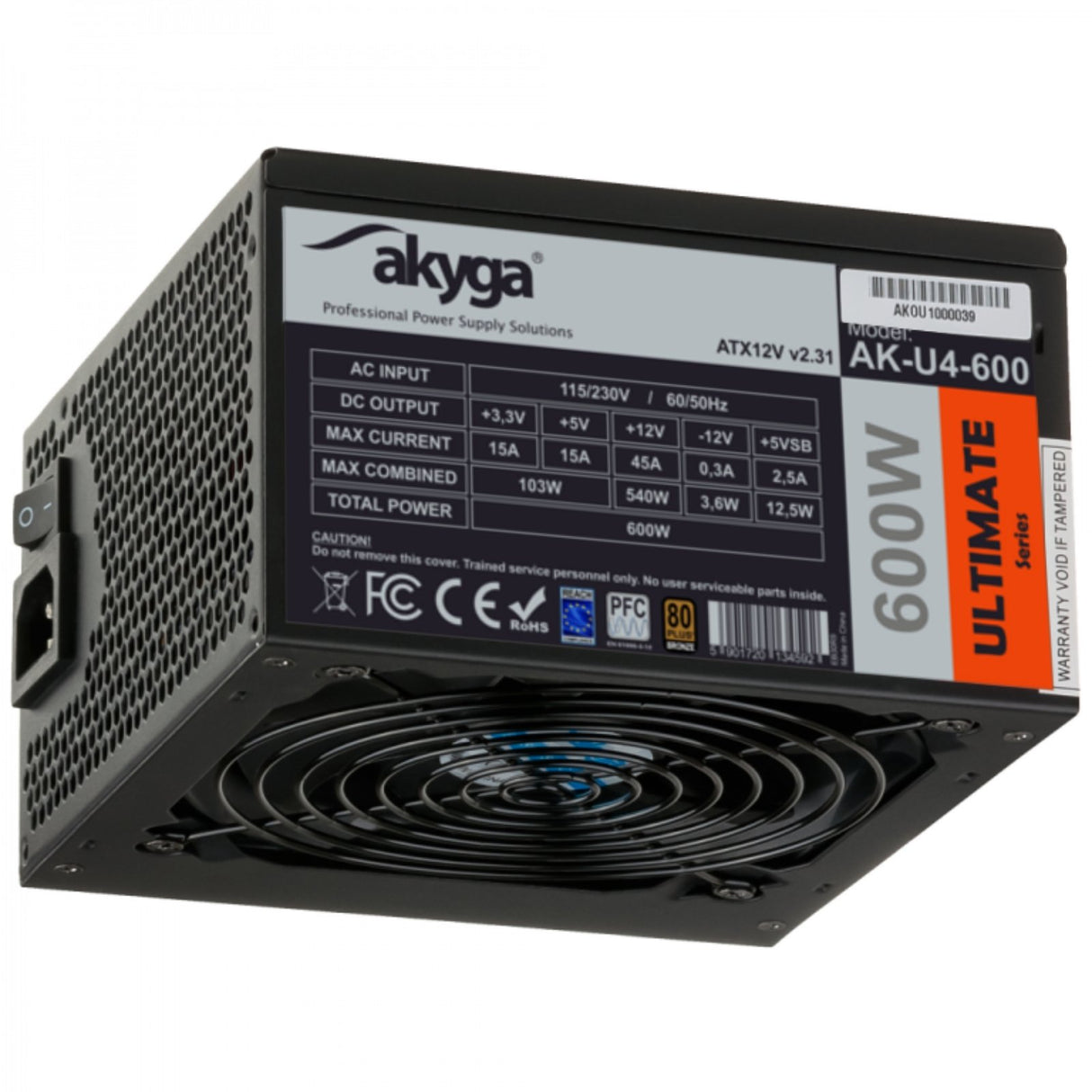 EAN 5901720134592 - Akyga AK-U4-600 unidad de fuente de alimentación 600 W 20+4 pin ATX ATX Negro imagen 1