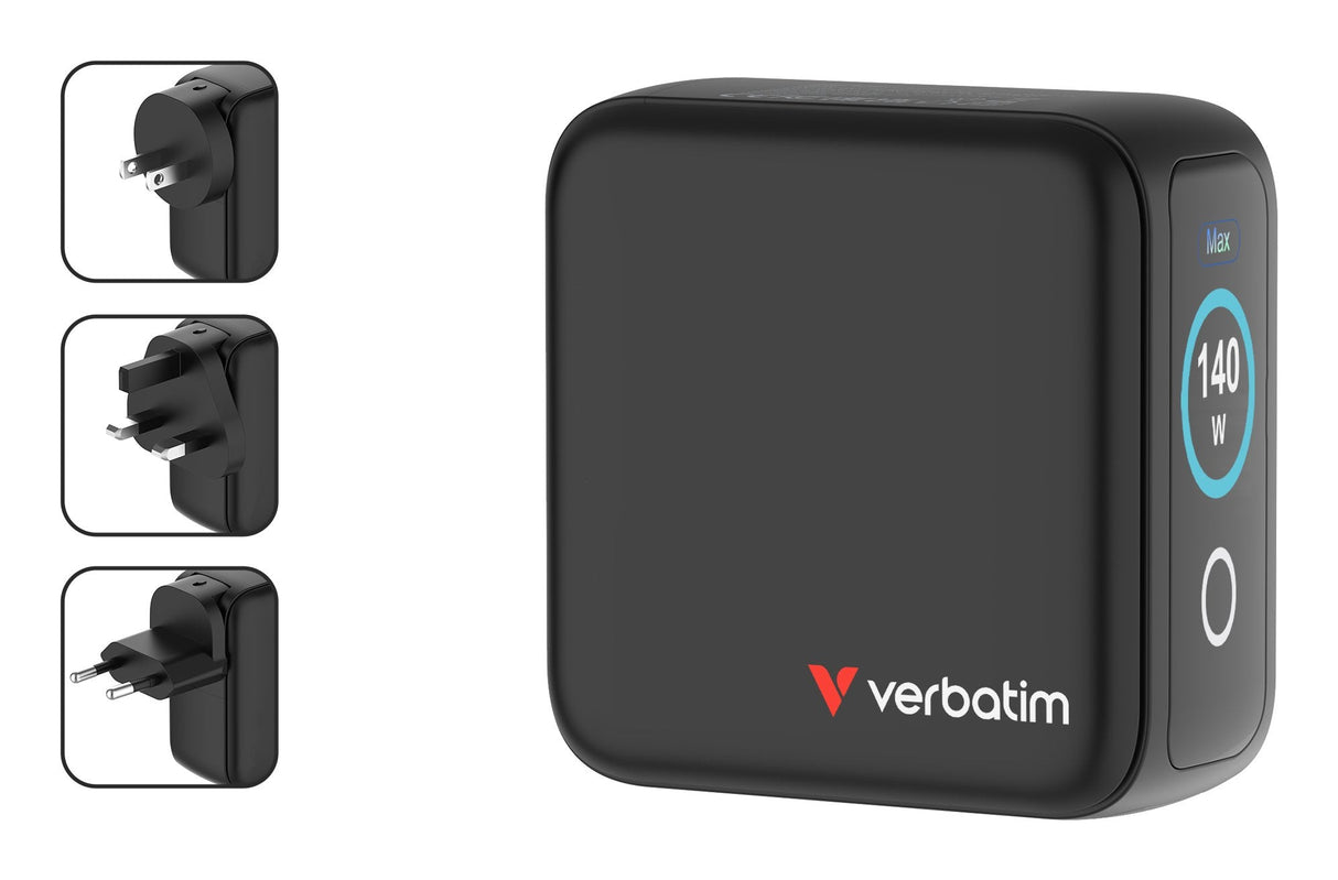 Cargador De Pared Universal Gan Para Viaje Verbatim Mini Gan Charger Con Pantalla 3xusb Tipo-C 1xusb 140w