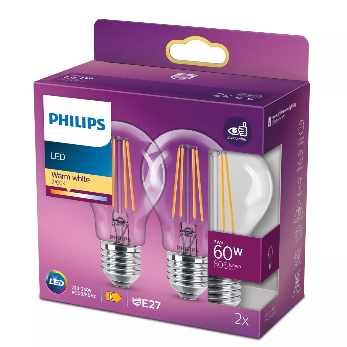 Philips Filament-Lámpara, Transparente, 60w A60 E27 X2, 7 W, 60 W, E27, 806 Lm, 15000 H, Blanco Cálido