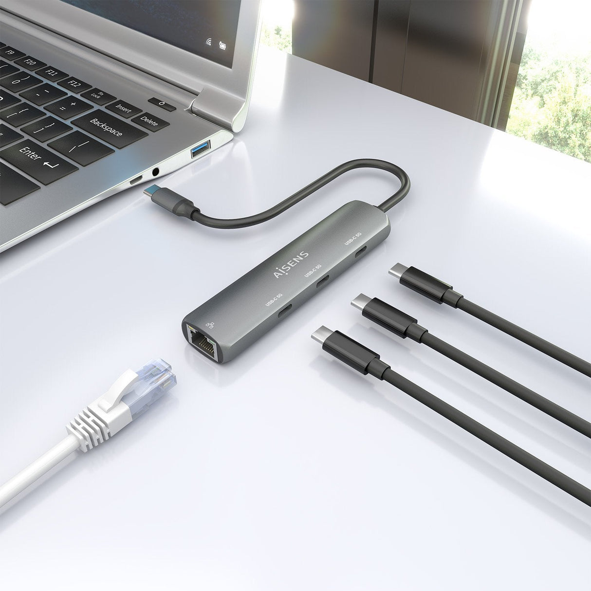 Aisens Dock Usb-C A Ethernet Gigabit + Hub 3xusb-C, Gris, 15cm