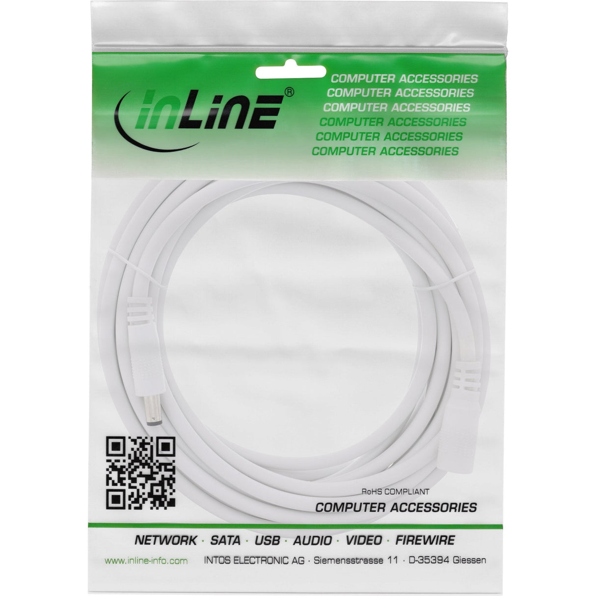 Cable De Extensión De Cc Inline, Enchufe De Cc Macho/Hembra De 5,5 X 2,5 Mm, Awg 18, Blanco, 3 M