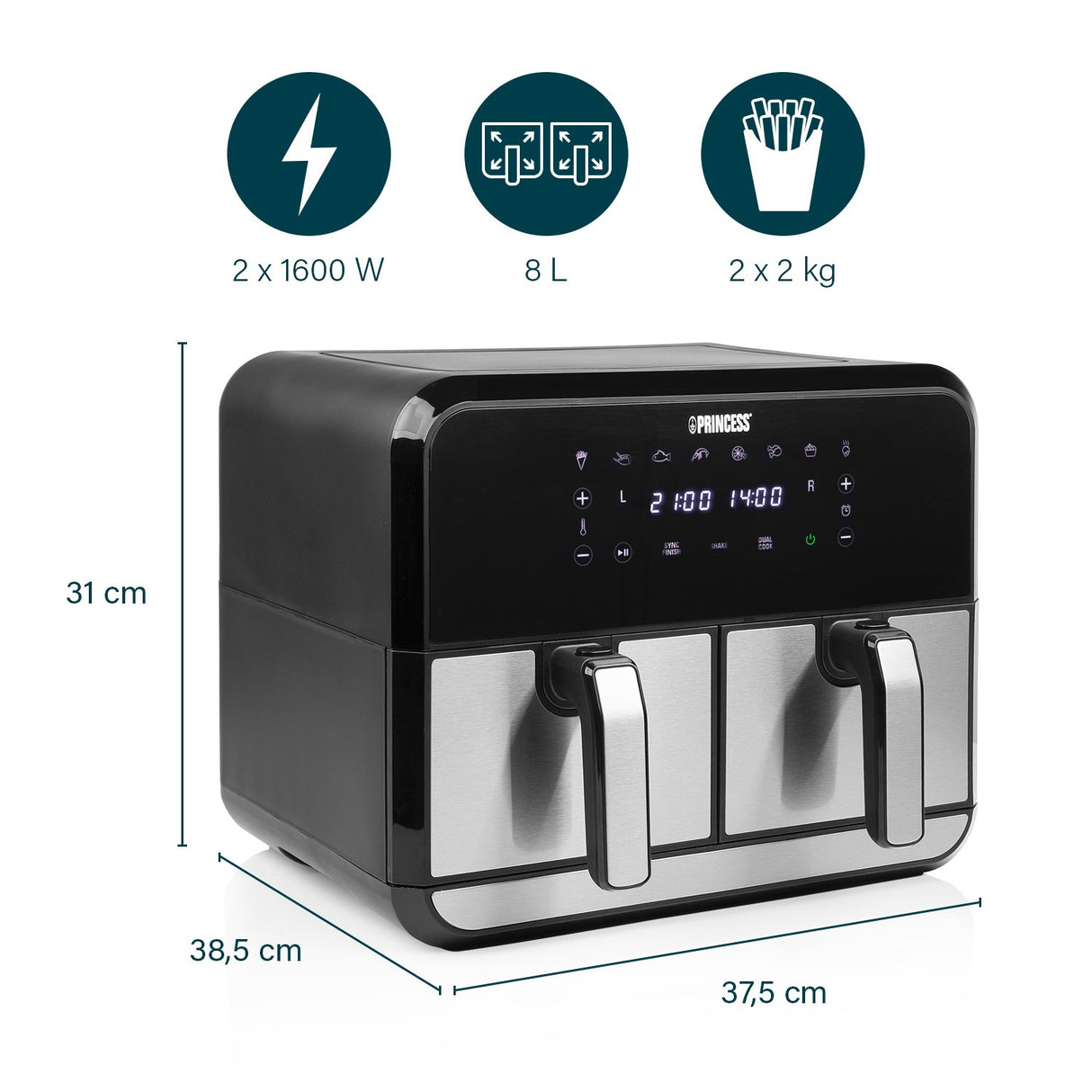 EAN 8712836969360 - Princess 182074 Doble 8 L Independiente 1700 W Freidora de aire caliente Negro, Acero inoxidable imagen 9