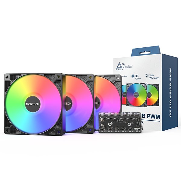 Ventilador 120x120 Montech Gf120 Pwm Black Pack 3 + Hub
