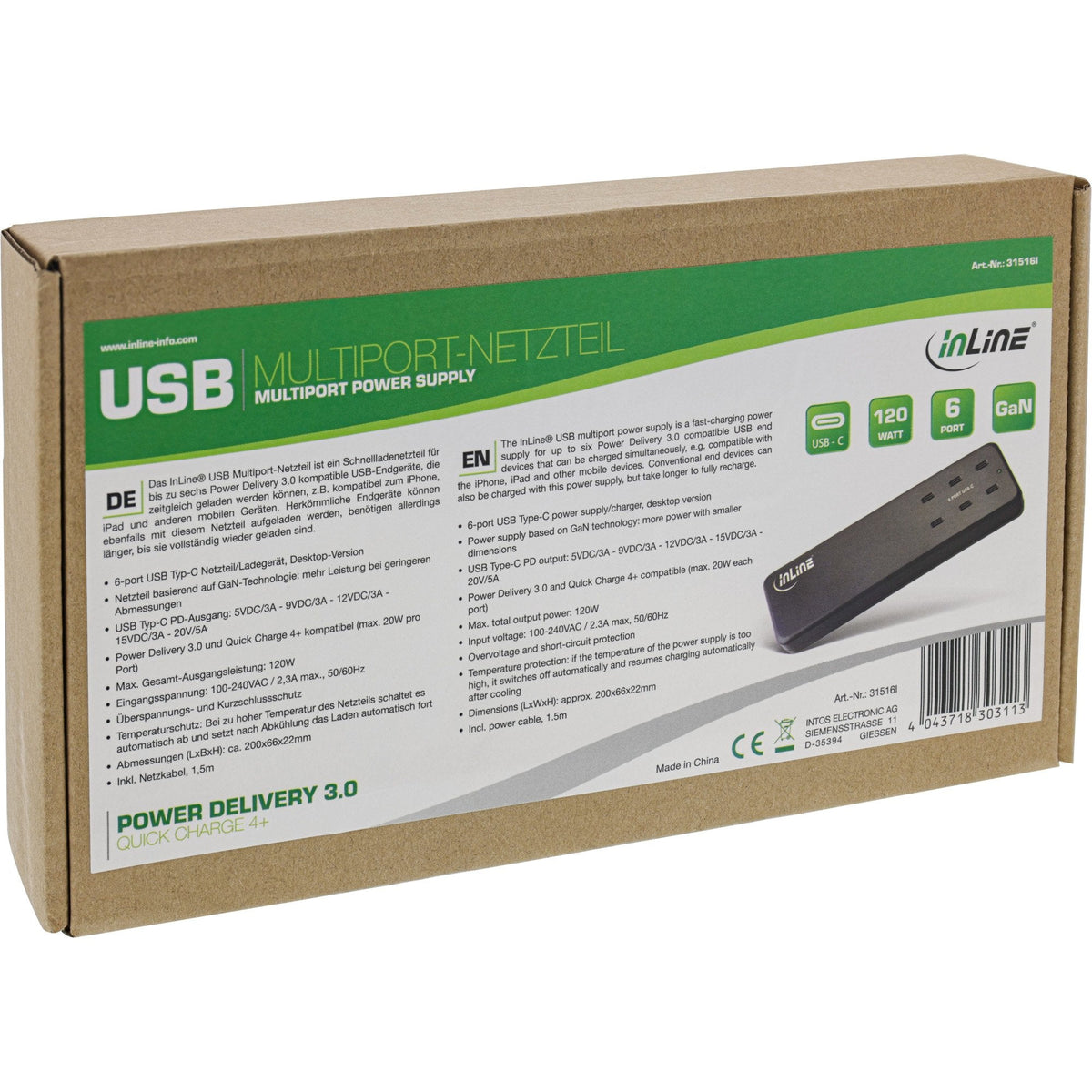 Inline 31516i Cargador Multipuerto Inline, Cargador, 6x Usb Tipo C, Pd 3.0, Gan, Negro