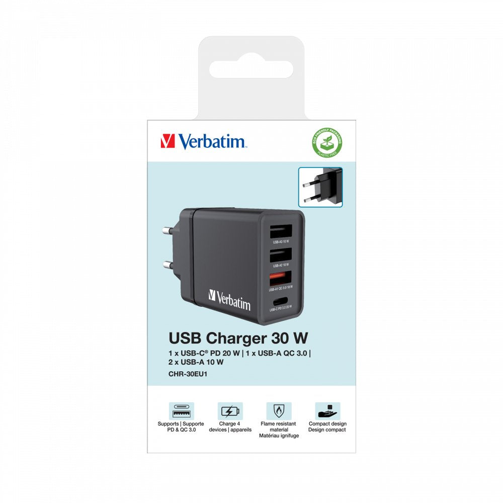 Verbatim Cargador Chr-30eu1, 30w, Gan, Negro 2x Usb-A, 1x Usb-A Qc, 1x Usb-C Pd