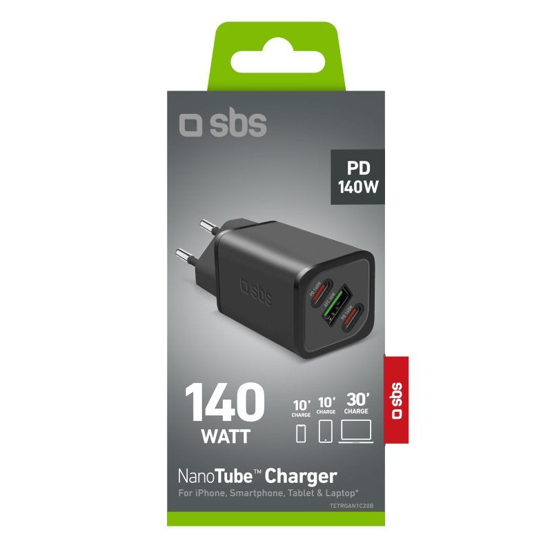 Sbs Nano Tube Ladegerät Gan 2x Usb-C Ultra Fast Pd 140w + 1x Usb Afc 36w Schwarz