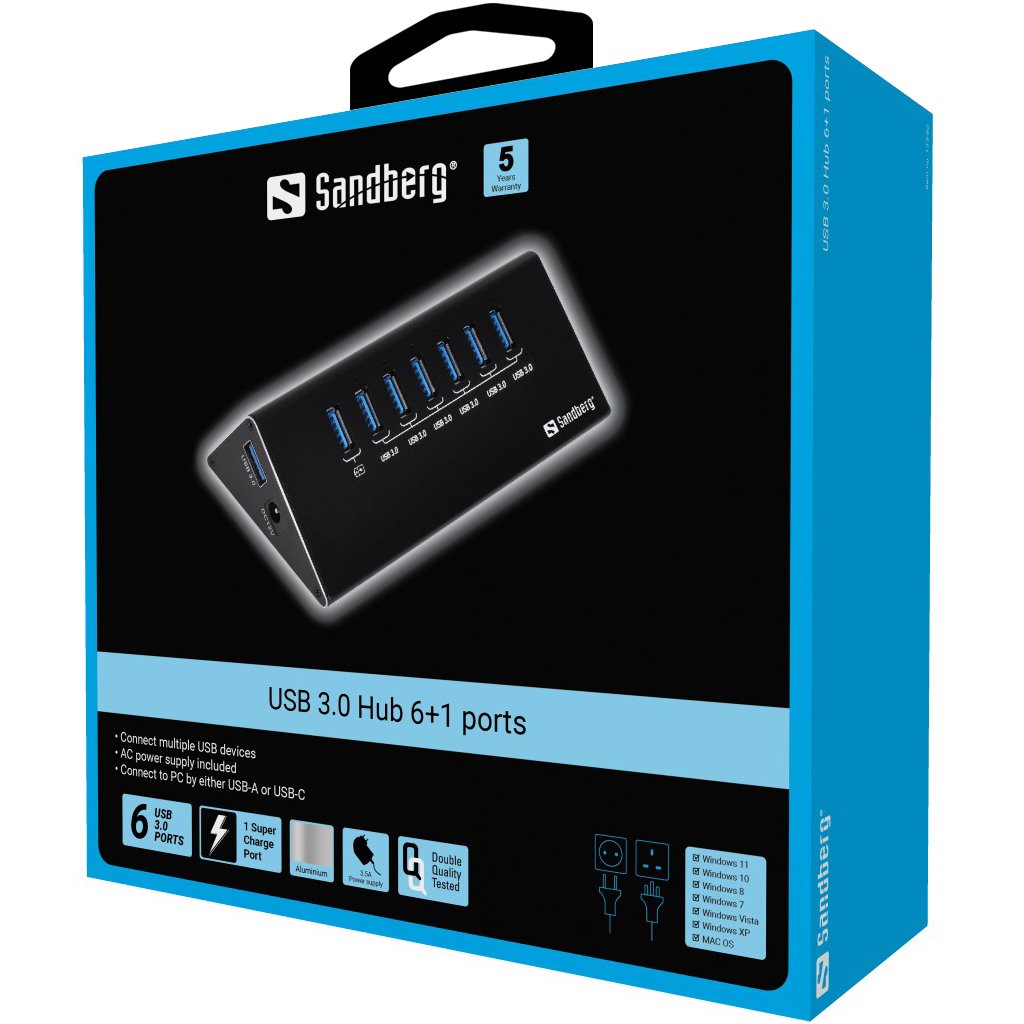 Sandberg Usb 3.0 Hub 7 Puertos Con Protección De Sobrecarga Cable Usb 3.0 De 1 M Y Fuente De Alimentación De 230v Incluida