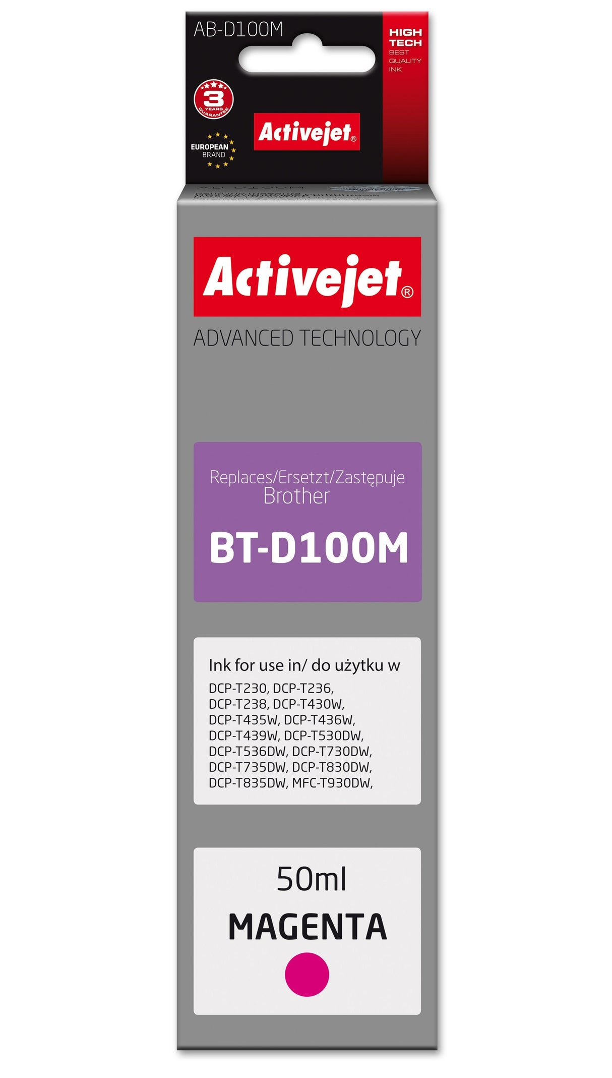 Activejet Ab-D100m: Cartucho De Tinta Para Impresora Brother, Sustituto Del Brother Bt-D100m; Supreme; 50 Ml; Púrpura