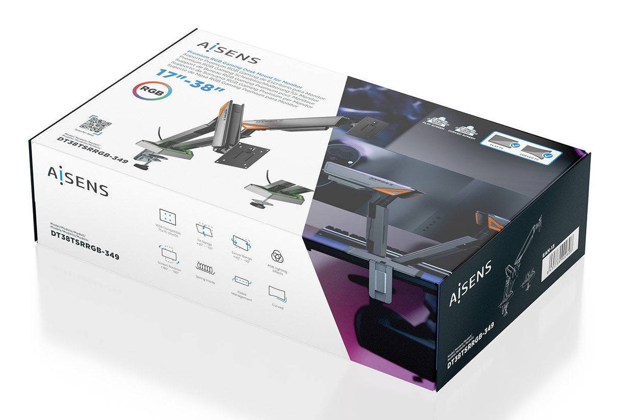 Aisens Soporte De Mesa Rgb Gaming Contrapeso Giratorio E Inclinable Para Monitor/Tv 16kg (3 Pivotes, 2 Brazos) De 17-38, Negro-Gris