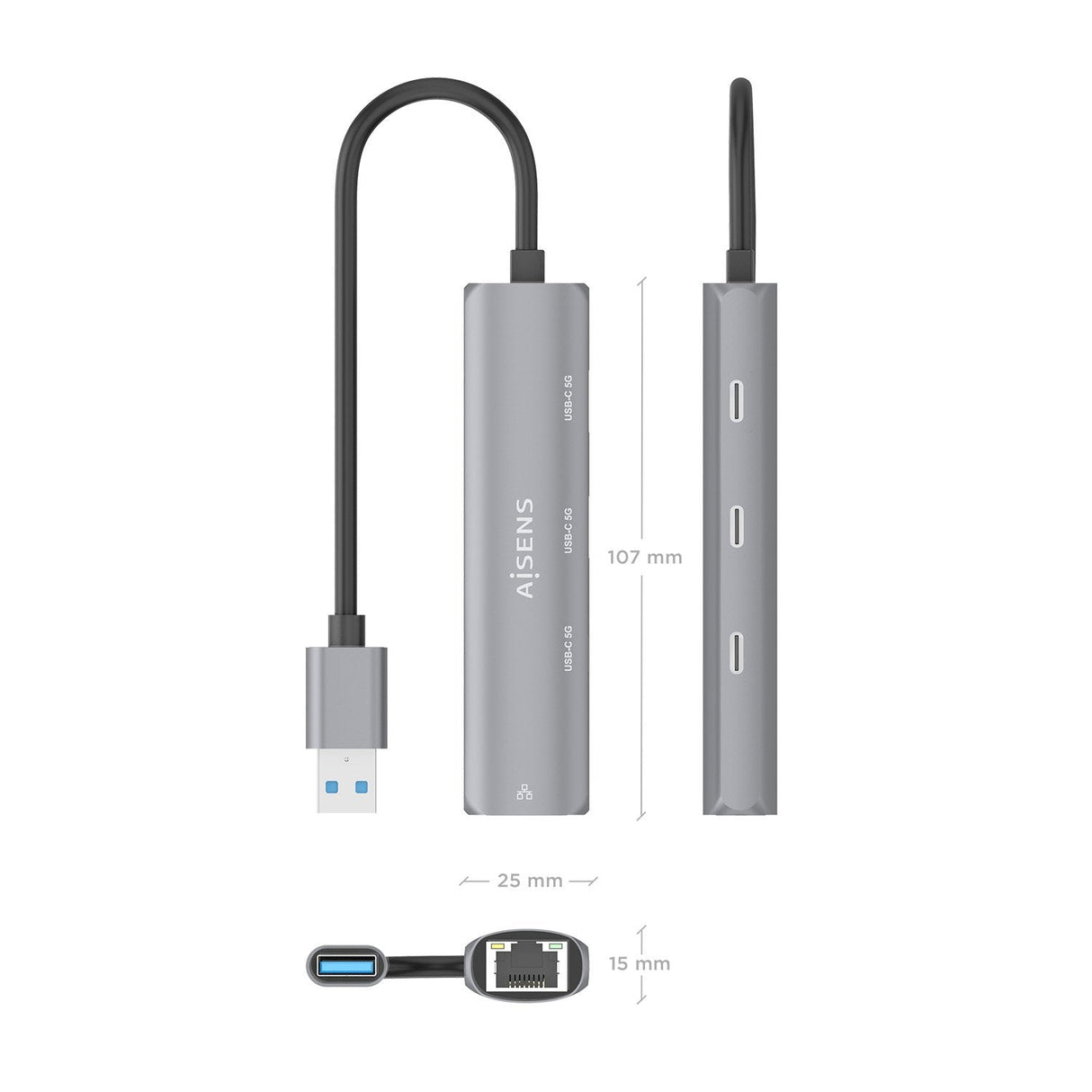 Aisens Usb3.0 Dock Usb-A A Ethernet Gigabit + Hub 3xusb-C, Gris, 15cm