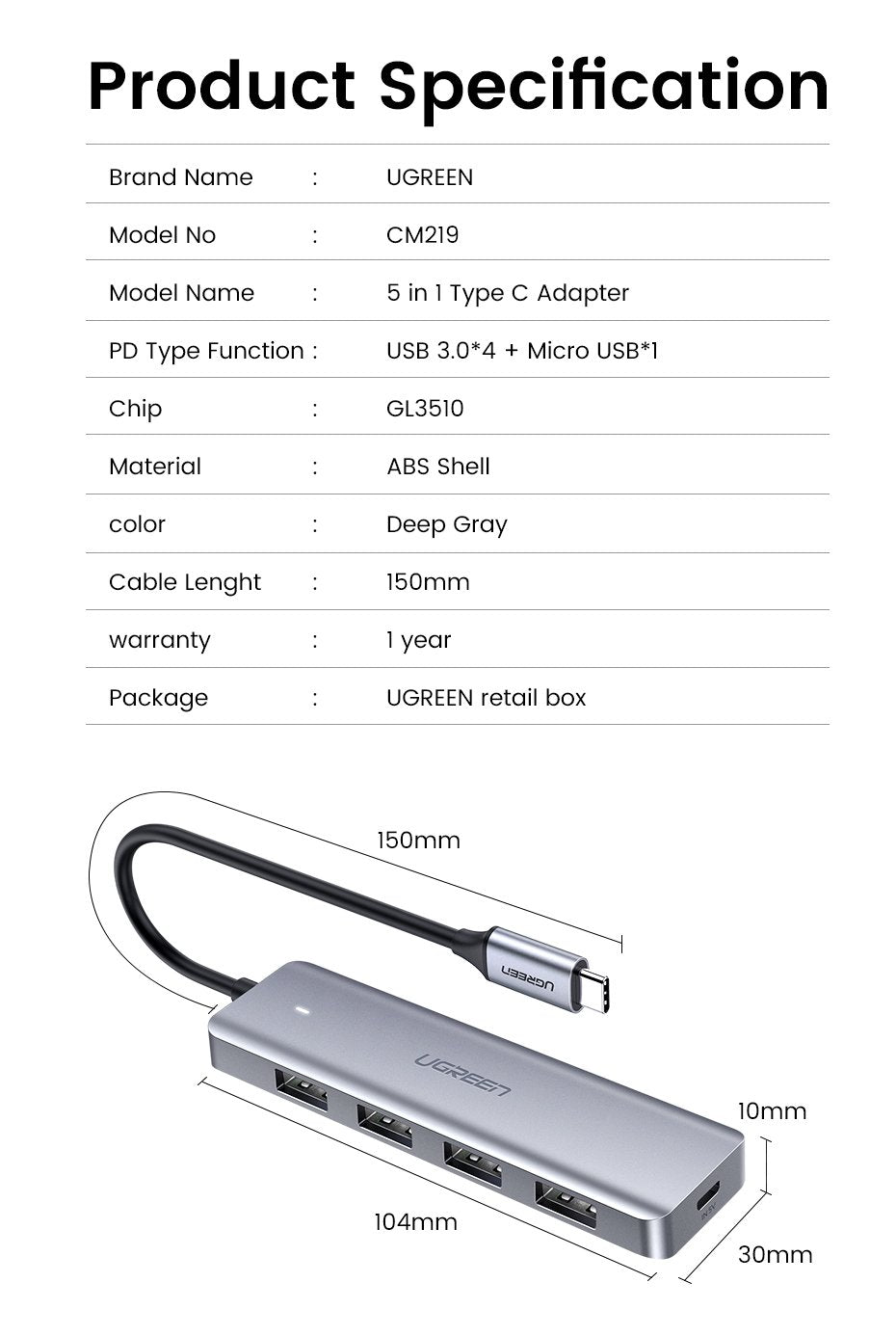 EAN 6957303873364 - Ugreen 70336 hub de interfaz USB 3.2 Gen 1 (3.1 Gen 1) Type-C 5000 Mbit/s imagen 12