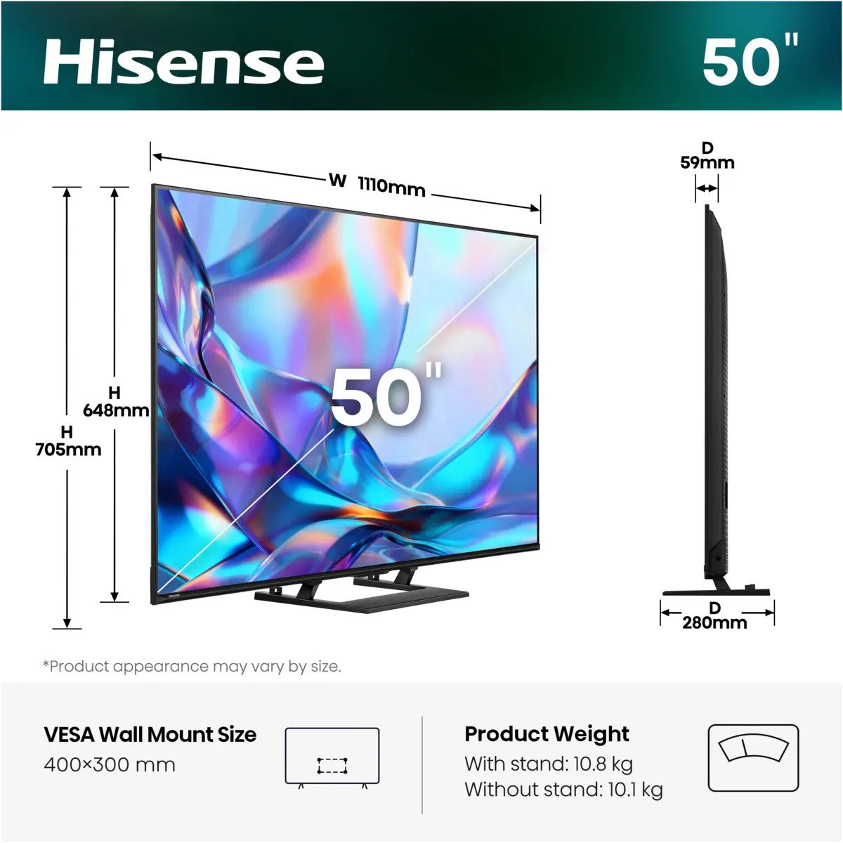 Hisense 50a7ds, 127 Cm (50"), 3840 X 2160 Pixel, Qled, Smart-Tv, Wlan, Negro, Gris