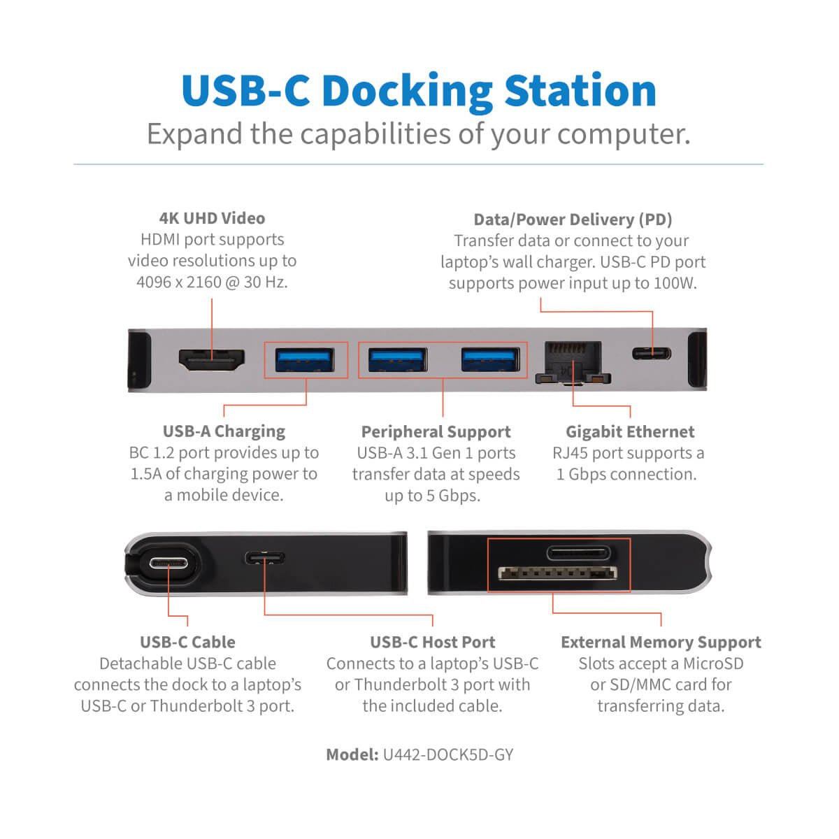 Stacja Dokujaca Usb-C 4k Hdmi, Usb 3.2 Gen 1, Koncentrator Usb-A, Gbe, Karta Pamieci, Ladowanie Pd 100 W, Odlaczany Przewód U442-Dock5d-Gy