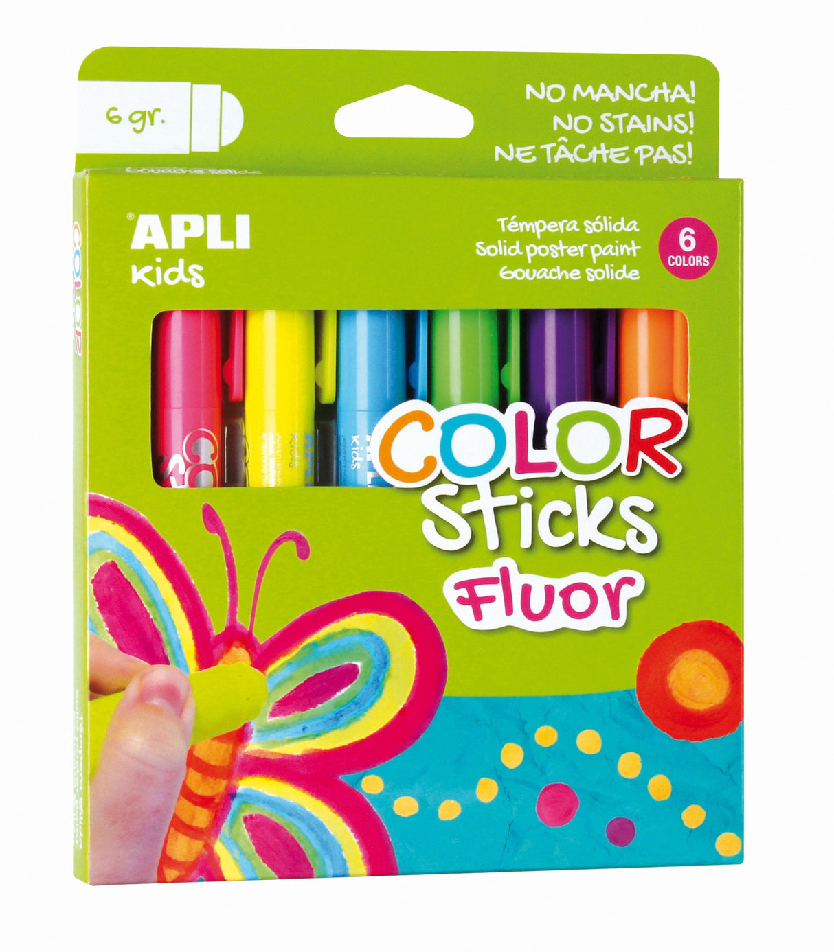 Apli Color Sticks Temperas Solidas Fluorescentes - Pack 6 Unidades De 6g - Acabado Satinado Sin Necesidad De Barniz - Secado Rapido En Menos De 3 Minutos - Efecto Cera O Tempera Segun La Presion