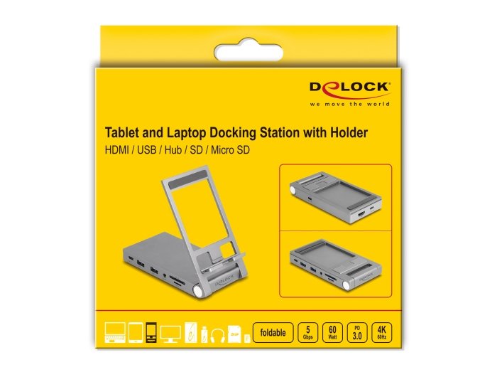 Delock 88199 Dockingstation Para Tablet Y Portatil 4k Con Soporte Integrado - Hdmi / Usb / Hub / Sd / Micro Sd / Pd 3.0 - Plegable