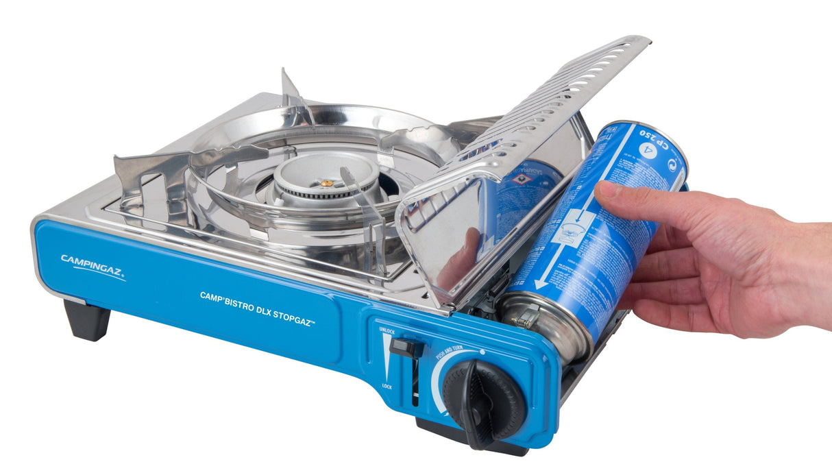Cocina De Gas Campingaz Camp'Bistro Dlx Stopgaz (Plata/Azul, Cocina De Una Sola Llama De 2,2 Kw)