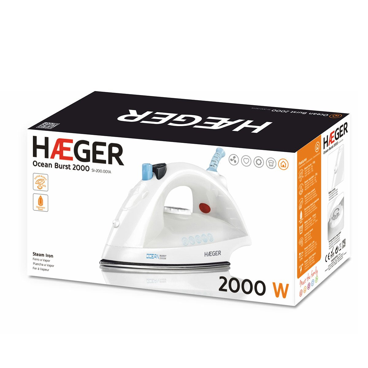 Haeger Ocean Burst 2000 Plancha Vapor-Seco Suela De Acero Inoxidable 2000 W Blanco