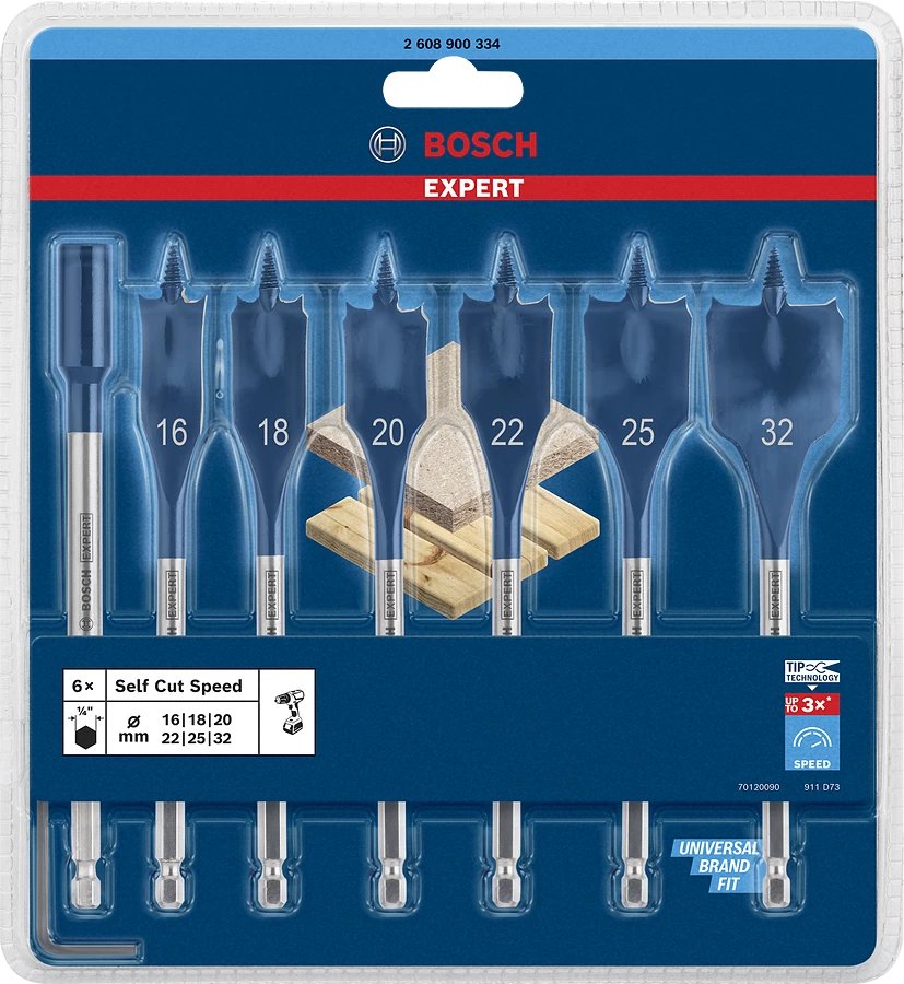 Juego De Brocas De Fresado Plano Bosch Expert Self Cut Speed, 7 Piezas, Ø 16 - 32 Mm (Longitud 152 Mm, Incl. 1 Extensión) 2608900334