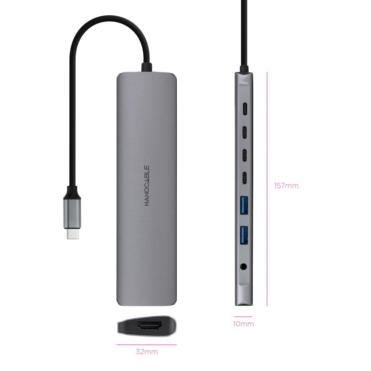 Docking Tipo-C Nanocable 10.16.4608 2xusb 3xusb Tipo-C 1xhdmi 4k 1xjack 3.5 1xusb Tipo-C Pd Gris