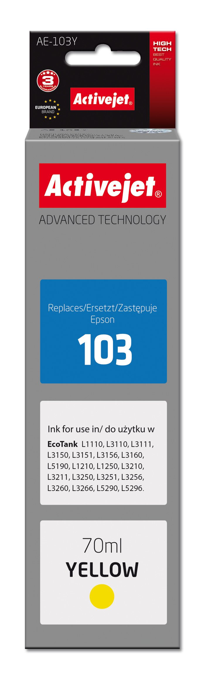 Activejet Tinta Ae-103y (Reemplazo De Epson 103 C13t00s44a Supreme 70 Ml Amarillo)