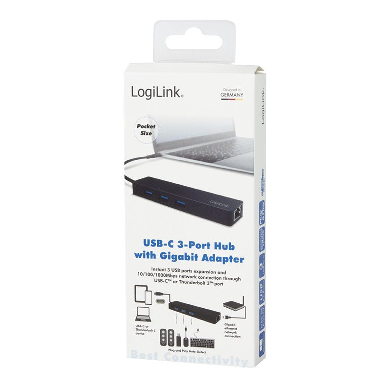 Logilink Hub De 3 Puertos Usb 3.1 Type C W/Gigabit Lan Negro Ua0313
