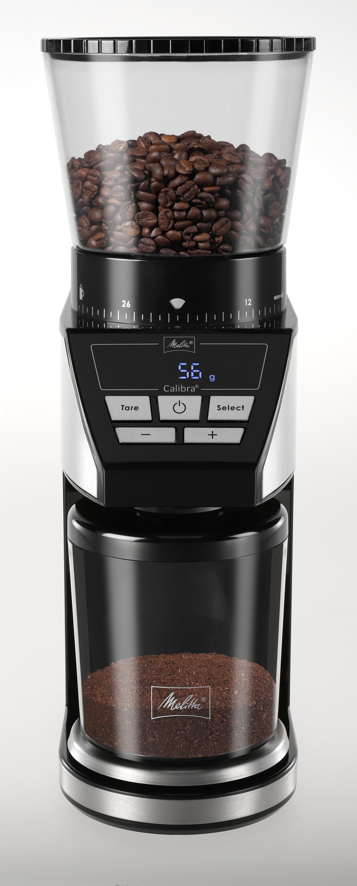 Molinillo De Café Melitta Calibra 1027-01 Eléctrico Cónico Con 39 Ajustes De Molienda, Apto Para Distintas Cafeteras, Moledor De Café Con Báscula Digital Y Pantalla Lcd, 200?G, Negro