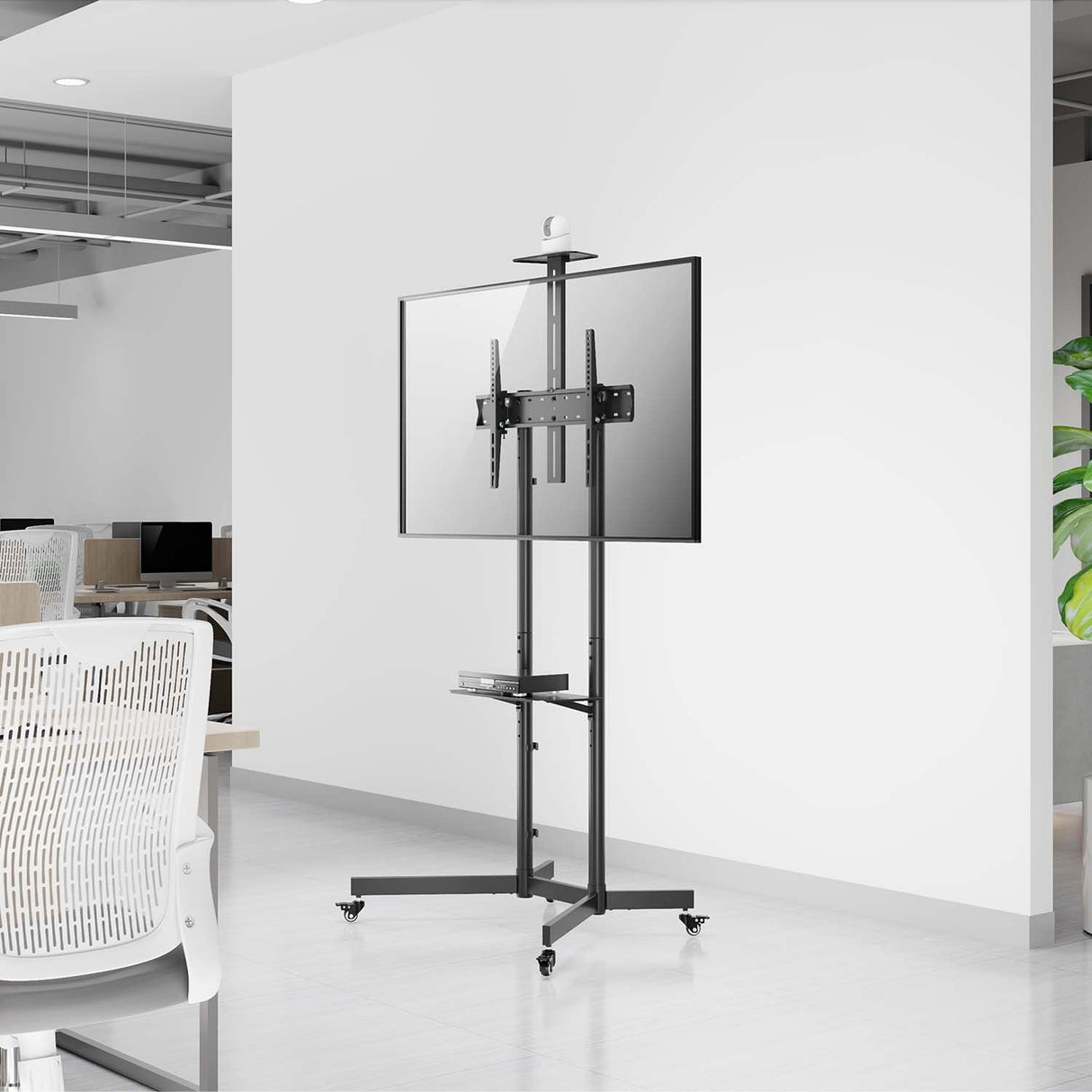 Aisens Soporte De Suelo Eco Con Rueda, Bandeja Para Dvd Y Soporte De Cámara Para Monitor/Tv 45kg De 37-70, Negro